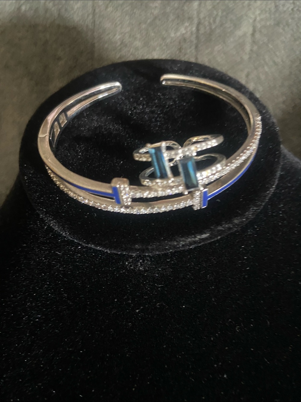 Silver Tone Blue Accent Cuff Bracelet and Ring Set - Women